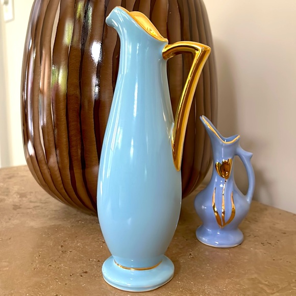 American Vintage Other - VTG small carafe Vase, Blue Ceramic with gold accent